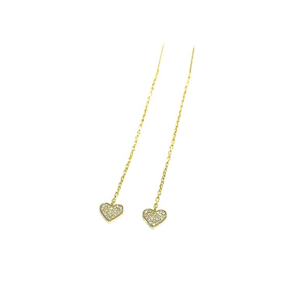 YELLOW GOLD PAVE CZ HEART THREAD EARRINGS