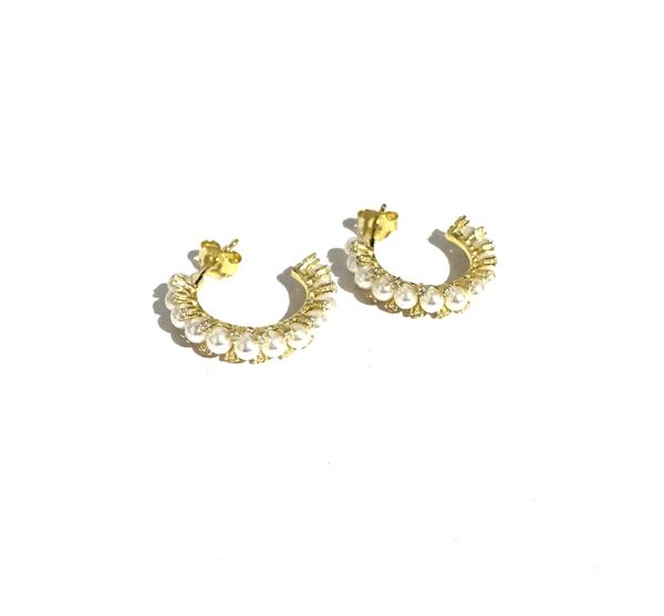 YELLOW GOLD PLATED S/SIL FW PEARL AND CZ HOOPS WITH STUD BACK