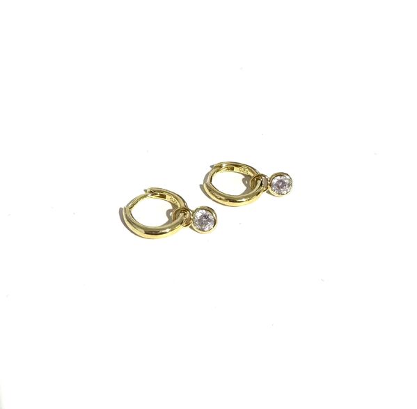 YELLOW GOLD HUGGIES WITH CLEAR CZ DANGLE