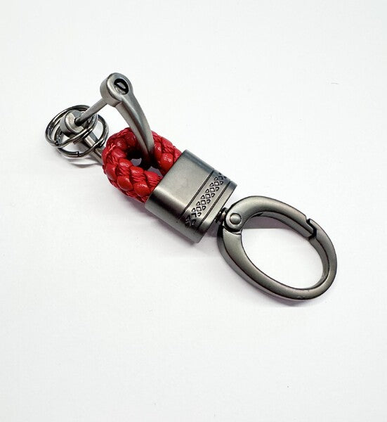 RED LEATHER AND GUNMETAL S/STEEL CLIP KEYRING