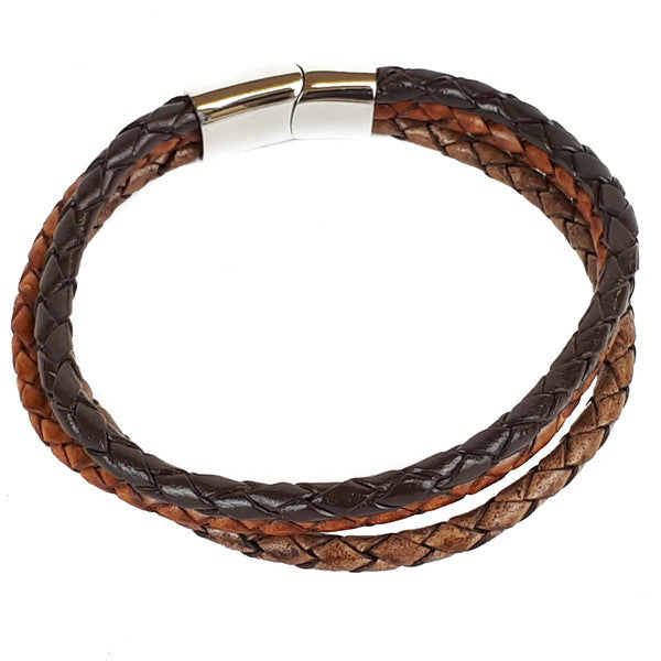 THREE STRAND THREE TONE BROWN LEATHER BRACELET