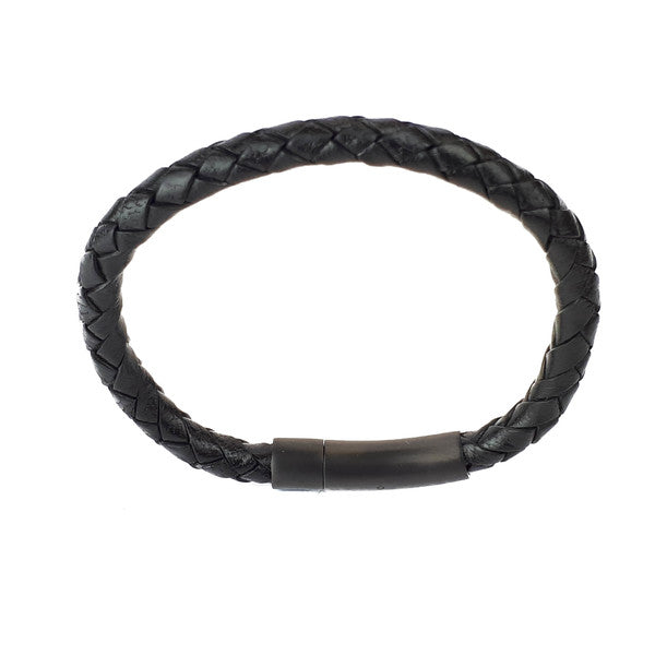 BLACK LEATHER SINGLE STRAND BRACELET WITH MATTE BLACK CLASP