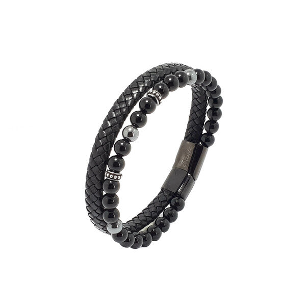 ONYX, HEMATITE AND BLACK LEATHER BRACELET