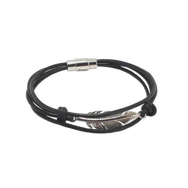STAINLESS STEEL FEATHER AND BLACK LEATHER BRACELET