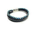 BLUE APATITE, ONYX AND BLACK LEATHER BRACELET
