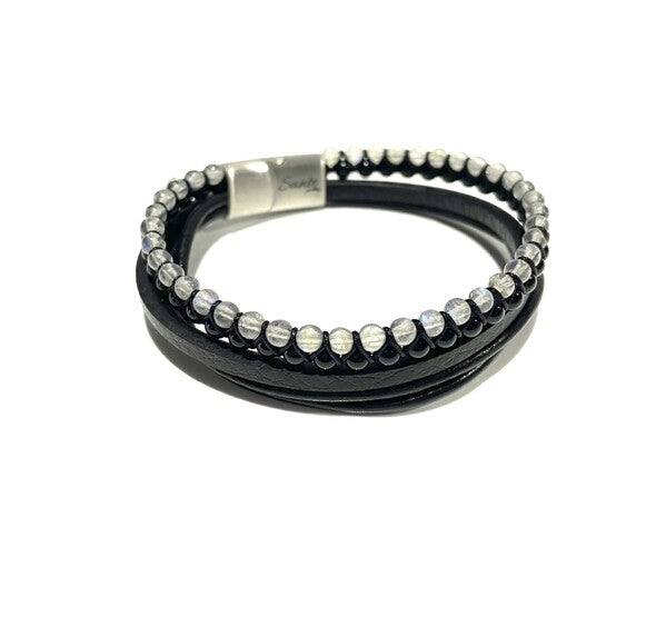 LABRADORITE, ONYX AND BLACK LEATHER BRACELET