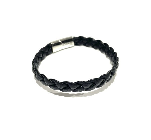 BLACK LEATHER FLAT PLAITED BRACELET