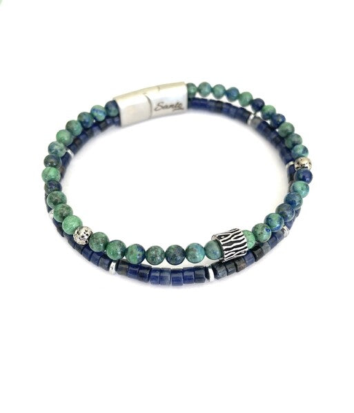 SANTO AZURITE MALACHITE AND SODALITE DOUBLE STRAND BEADED BRACELET