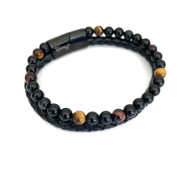BLACK LEATHER, ONYX AND TIGERS EYE DOUBLE STRAND BRACELET