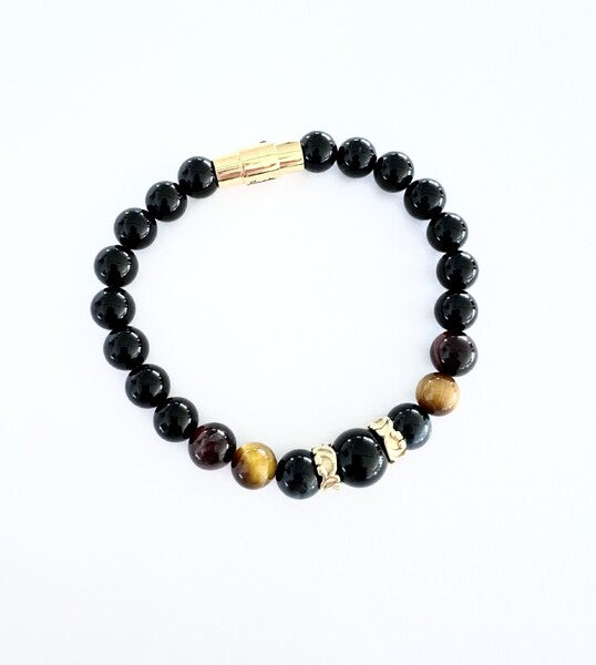 ONYX AND 3 X TIGERS EYE BEADED BRACELET WITH YGP S/STEEL CLASP