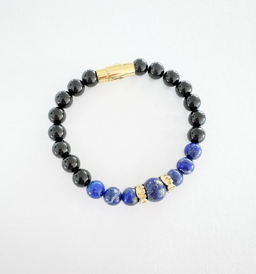 ONYX AND LAPIS LAZULI BEADED BRACELET WITH YGP S/STEEL CLASP