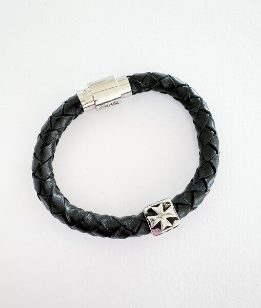 BLACK LEATHER BRACELET WITH CROSS BEAD