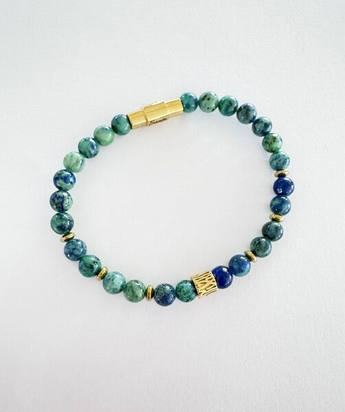 AZURITE MALACHITE BEADED BRACELET WITH YGP S/STEEL CLASP