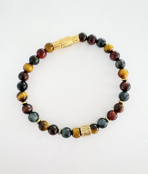 THREE COLOUR TIGERS EYE BEADED BRACELET WITH YGP S/STEEL CLASP