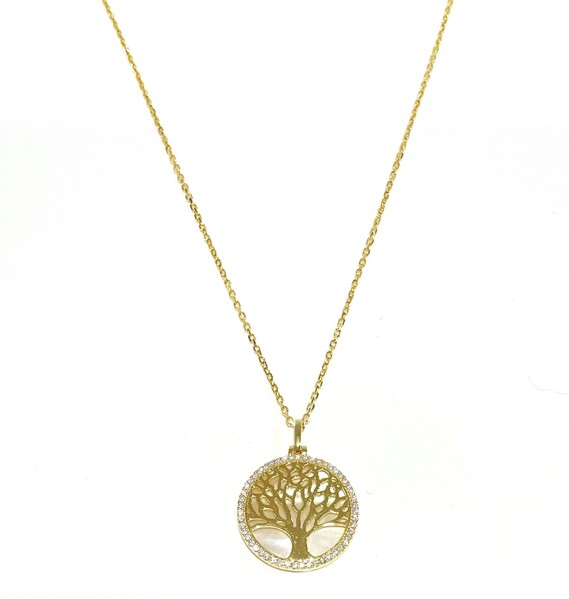YELLOW GOLD MOTHER OF PEARL TREE OF LIFE NECKLACE