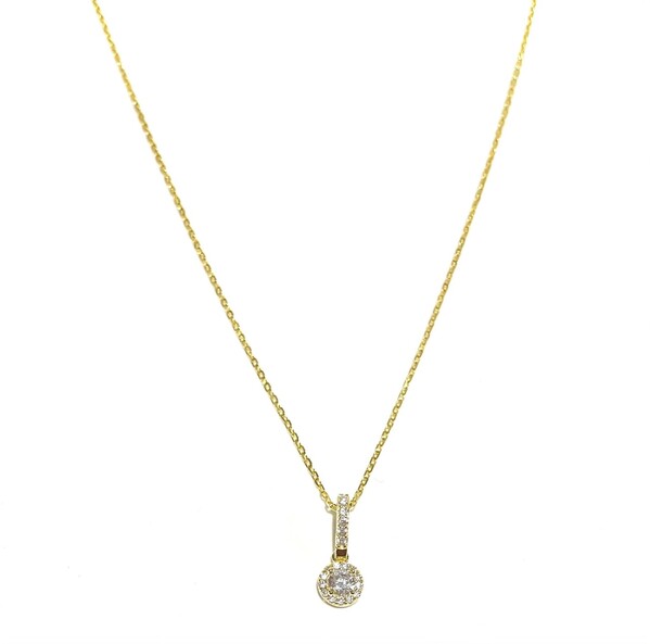 YELLOW GOLD SMALL HALO PENDANT ON BAR NECKLACE