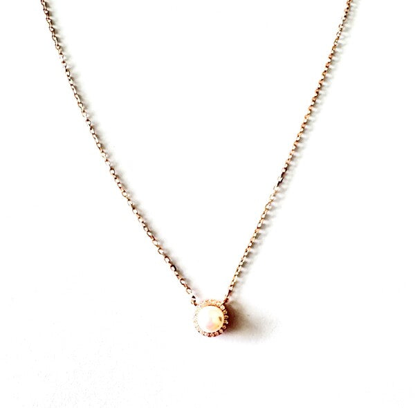 ROSE GOLD FRESH WATER PEARL WITH CZ HALO NECKLACE