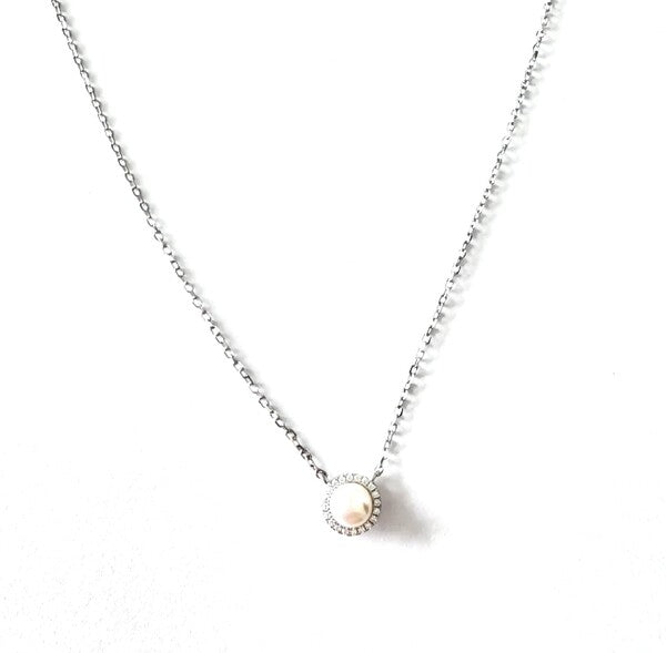 STERLING SILVER FRESH WATER PEARL NECKLACE WITH CZ HALO