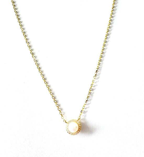 YELLOW GOLD FRESHWATER PEARL WITH CZ HALO NECKLACE